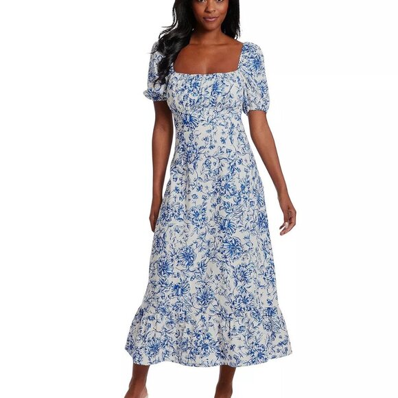 London Times Floral Square-Neck Puff-Sleeve Midi Dress – Ivory/Navy Sz 10 - Picture 2 of 3